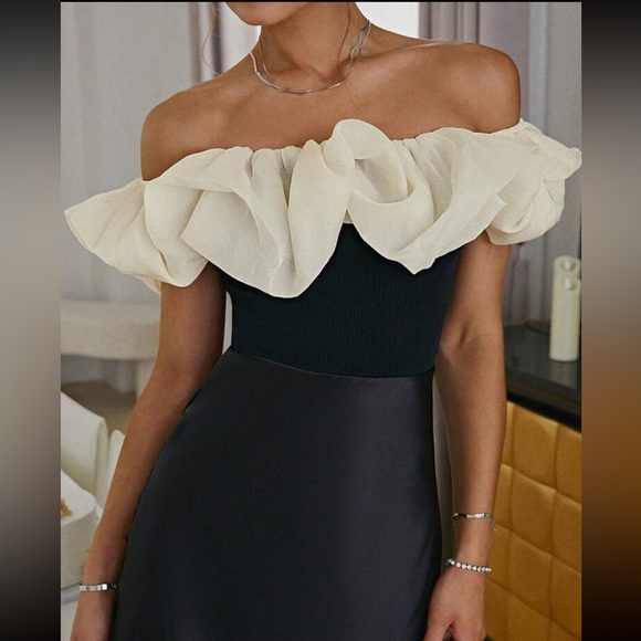 Off shoulder white ruffle black satin midi / maxi dress - Picture 3 of 4